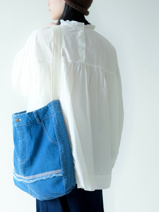 Denim Shoulder Bag with Striped Panels – Crafted in Japan