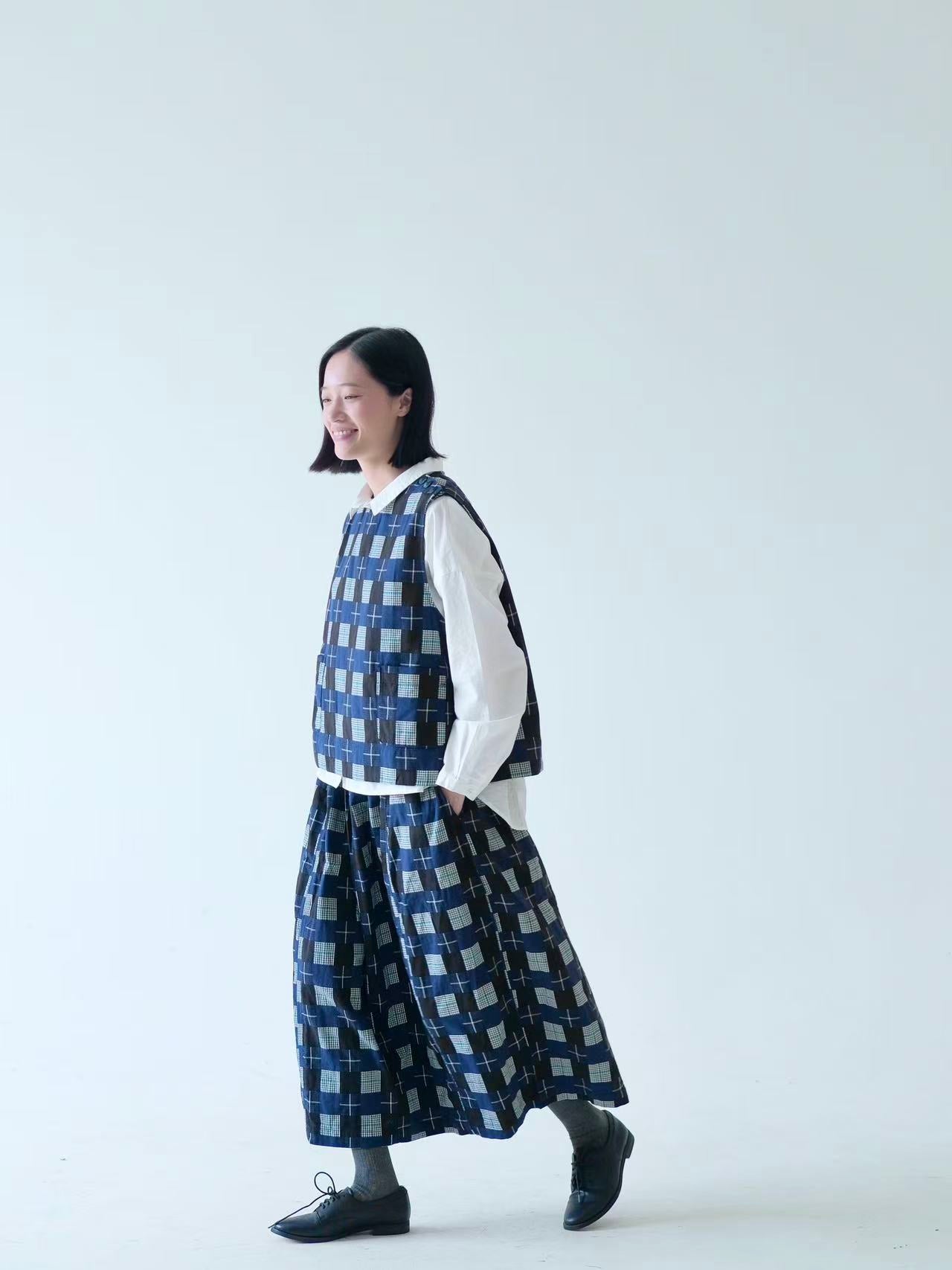 Japanese Patchwork Style Cotton Skirt – Navy Checkered
