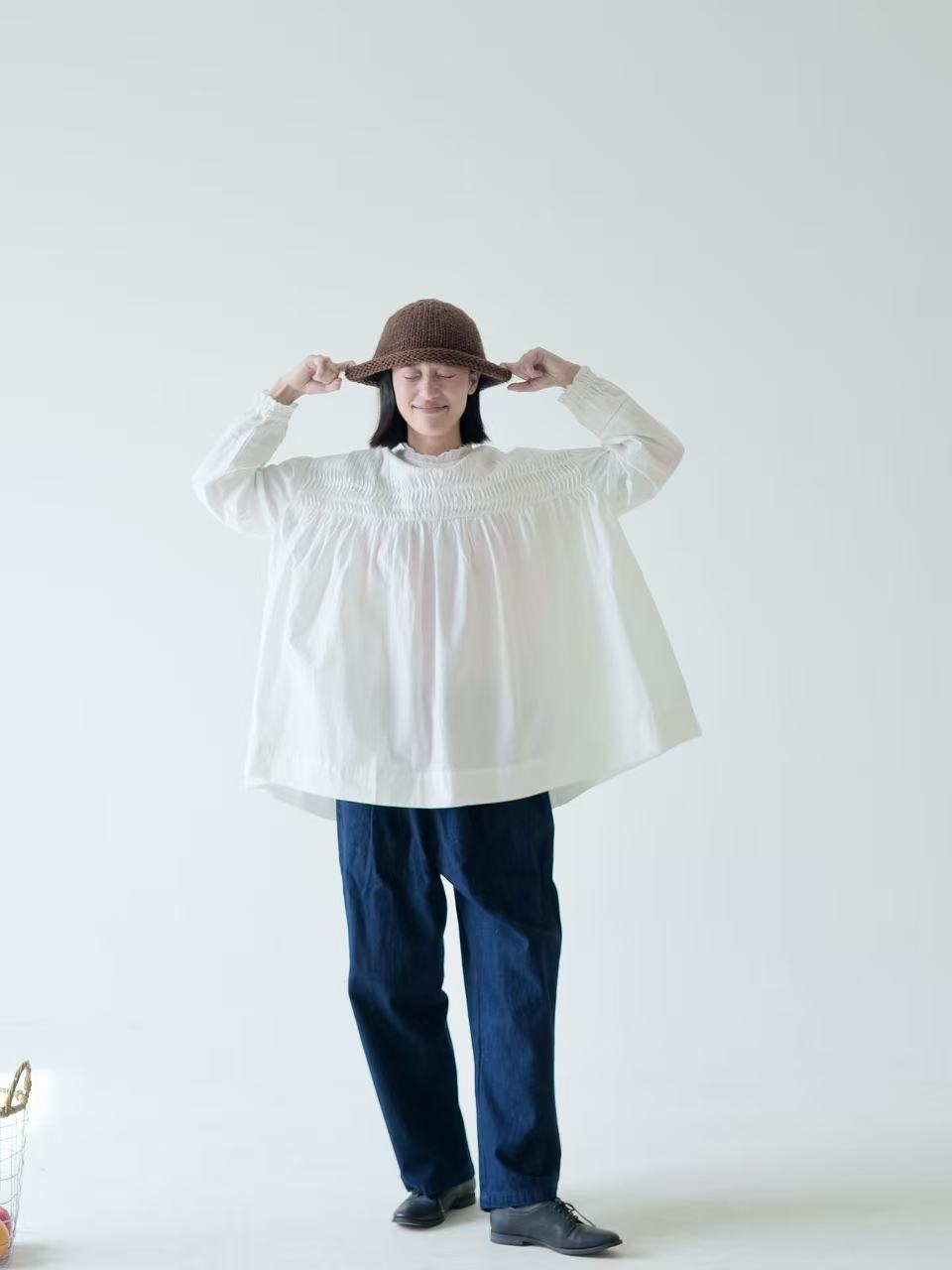 Cotton Smocked Detail Blouse – White