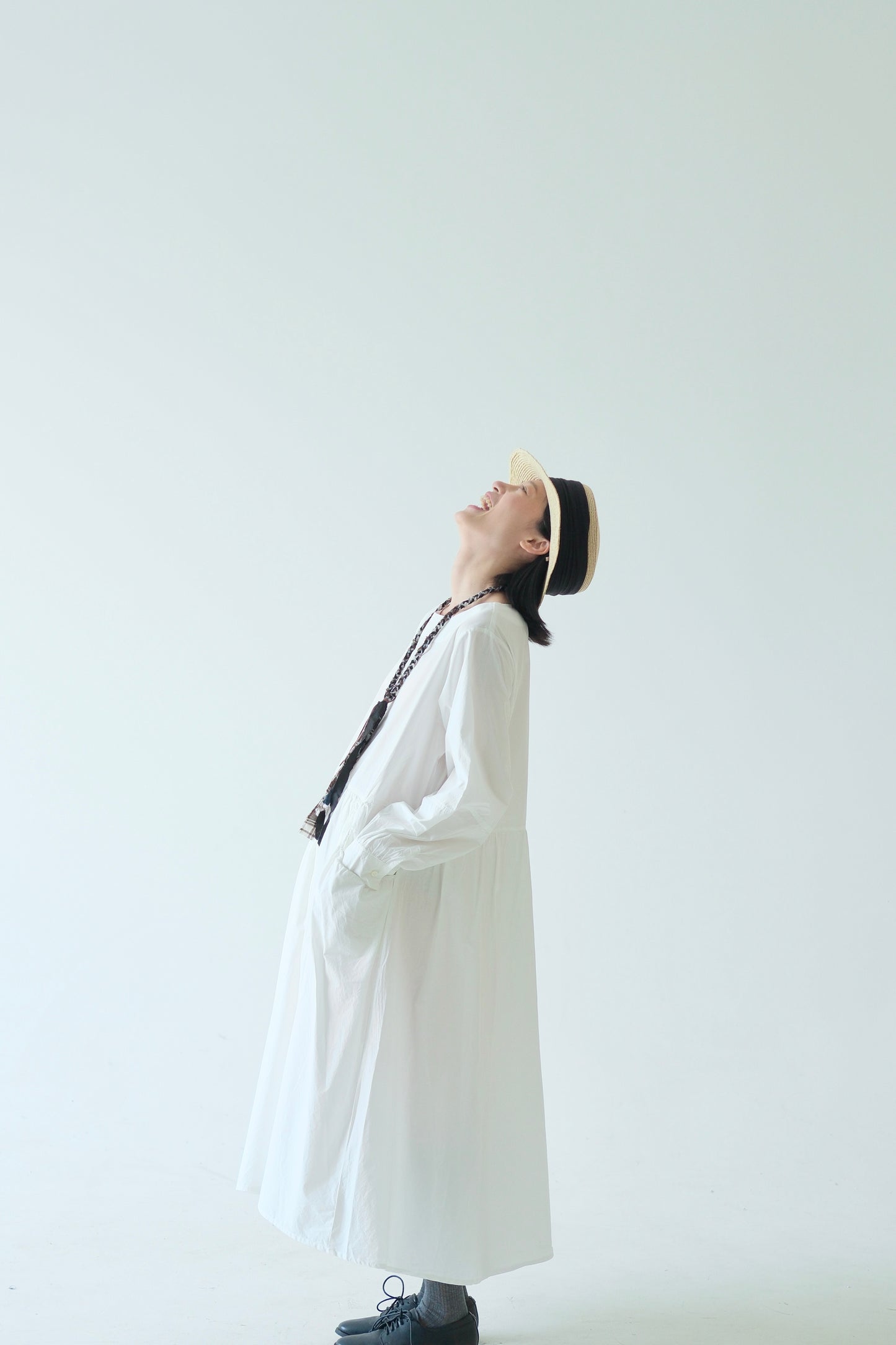 Cotton Gathered Long Dress – White