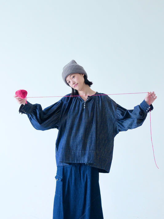 Heavy Cotton Indigo Gathered Blouse – Made in Japan