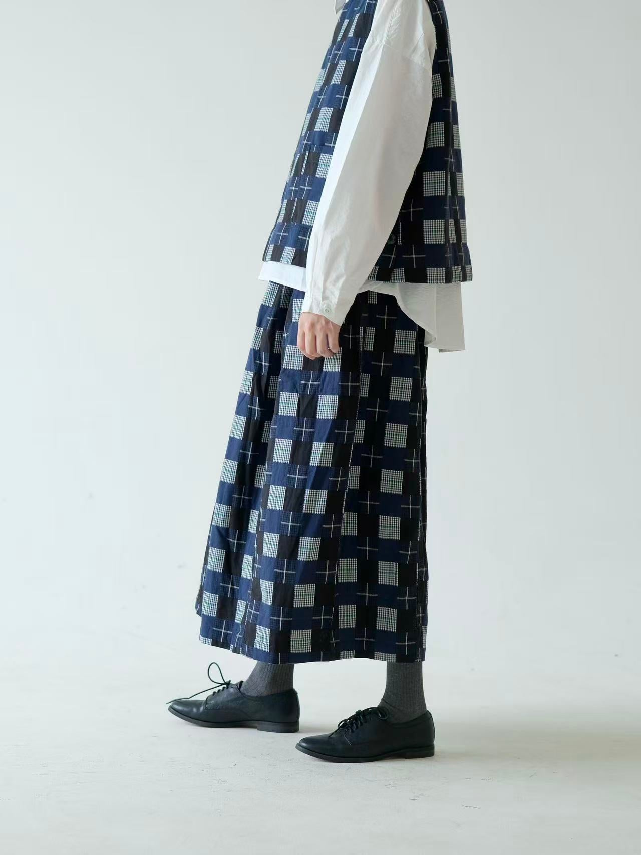 Japanese Patchwork Style Cotton Skirt – Navy Checkered