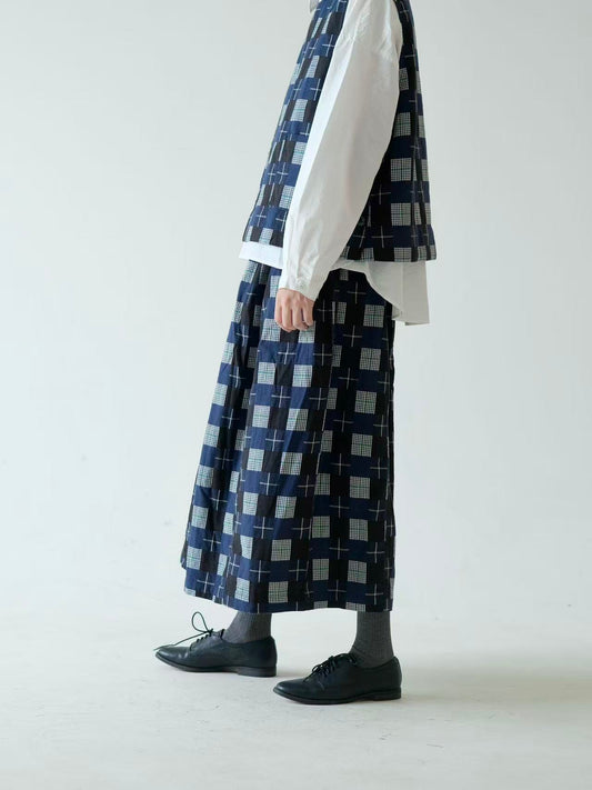 Japanese Patchwork Style Cotton Skirt – Navy Checkered